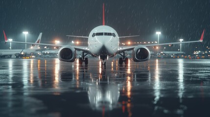 Fototapeta premium Gleaming Wings: Modern Plane Reflection on Glossy Runway in Radiant Airport Lights - Elegant Travel and Aviation Scene in High Luminosity 8K Resolution, Generative Ai
