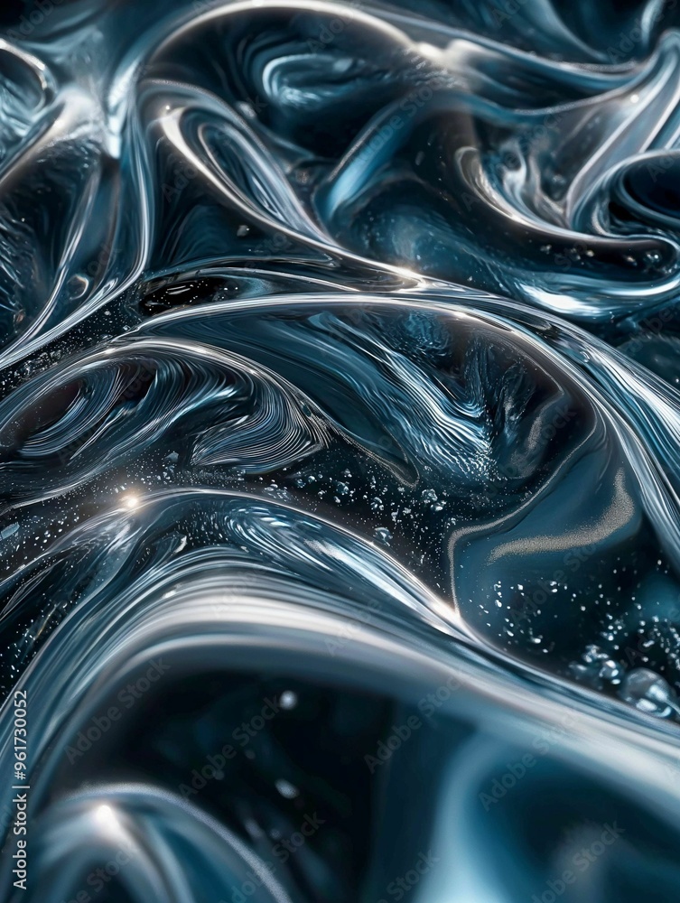 Poster abstract swirling patterns of dark blue and silver liquid creating a mesmerizing effect in a close-u