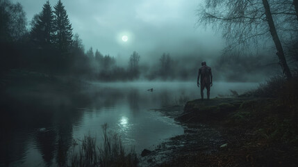 A dark, eerie zombie stands on a rock by a lake in the dark