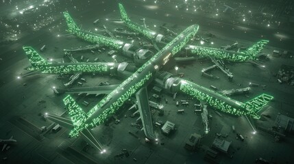 Eco-Friendly Futuristic Airport Aerial View with Glowing Terminals and Green Spaces - Sustainable Travel Concept in High Luminosity 8K Resolution, Generative Ai