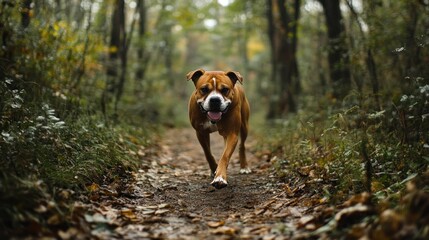 Obraz premium A dog walking along a forest path surrounded by autumn leaves.