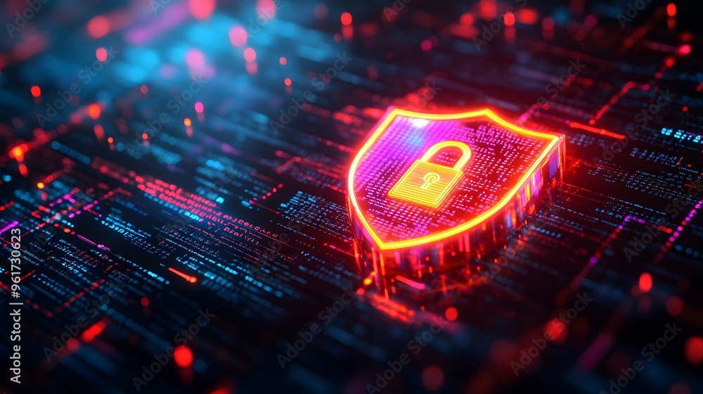 Poster cyber security shield with glowing lock on digital background