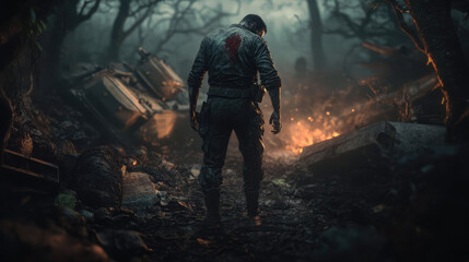 Naklejka premium A dark, eerie zombie in tattered military uniform, standing in the ruins of a battlefield, broken tanks and debris scattered around.