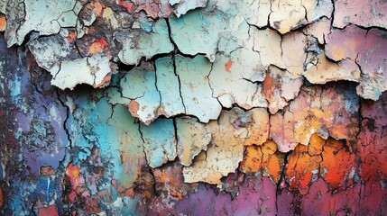 Obraz premium Close-up of a wall with vibrant, cracked, and peeling paint in multiple colors, creating a textured, weathered surface with artistic appeal.