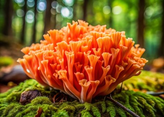 Softly glowing coral-colored scales cover the forest floor, a fungus growing in clusters, its delicate texture like