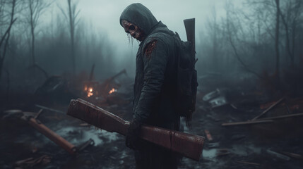 Fototapeta premium A zombie is holding a gun and wearing a backpack in a dark forest