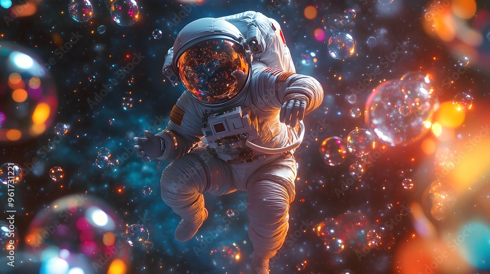 Poster astronaut floating in space surrounded by colorful bubbles
