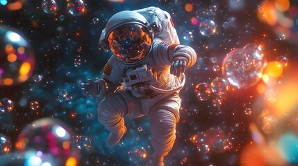 Fototapeta premium Astronaut Floating in Space Surrounded by Colorful Bubbles