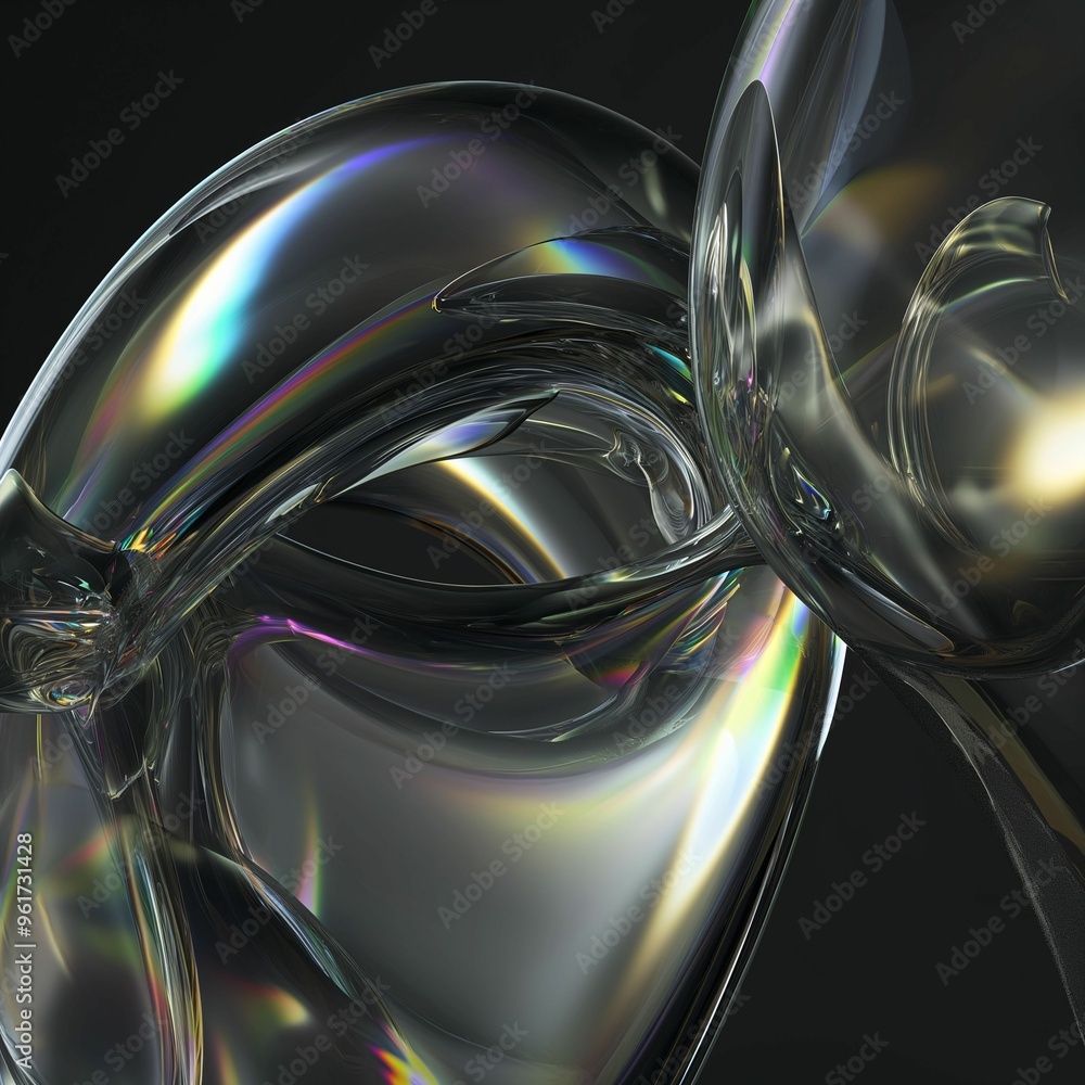 Poster abstract close-up of intertwined glass sculptures reflecting light in vibrant colors and patterns ag
