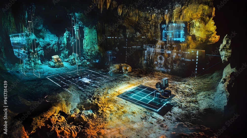Poster holographic highlighting the use of cutting edge technology in cave a variety of tools and equipment