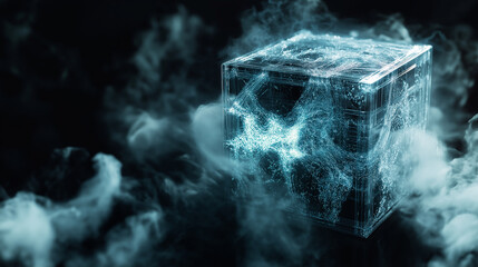 Fractal cube with intricate, detailed, and complex geometry with swirling smoke emanating from it creating a futuristic and dystopian atmosphere