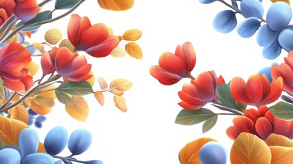 Bright red, blue, and orange flowers and leaves are arranged on a white background. The soft, vibrant colors and delicate gradients create a fresh, artistic floral composition. AI generative.