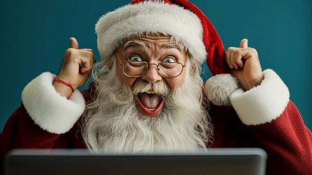 Shocked Santa Claus with wide eyes reacting to laptop screen, comical Christmas surprise concept. Jolly old St. Nick overwhelmed by technology or holiday rush. Funny portrait