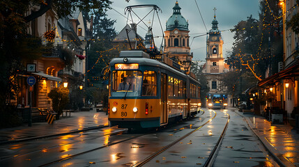 Rainy Night Cityscape with Tram and Illuminated Streetlights - Realistic Image