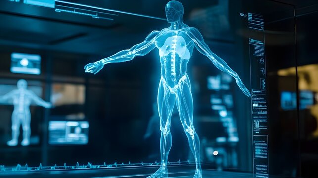 Holographic display demonstrating the use of robotic technology to assist in muscle rehabilitation therapy and physiotherapy treatments