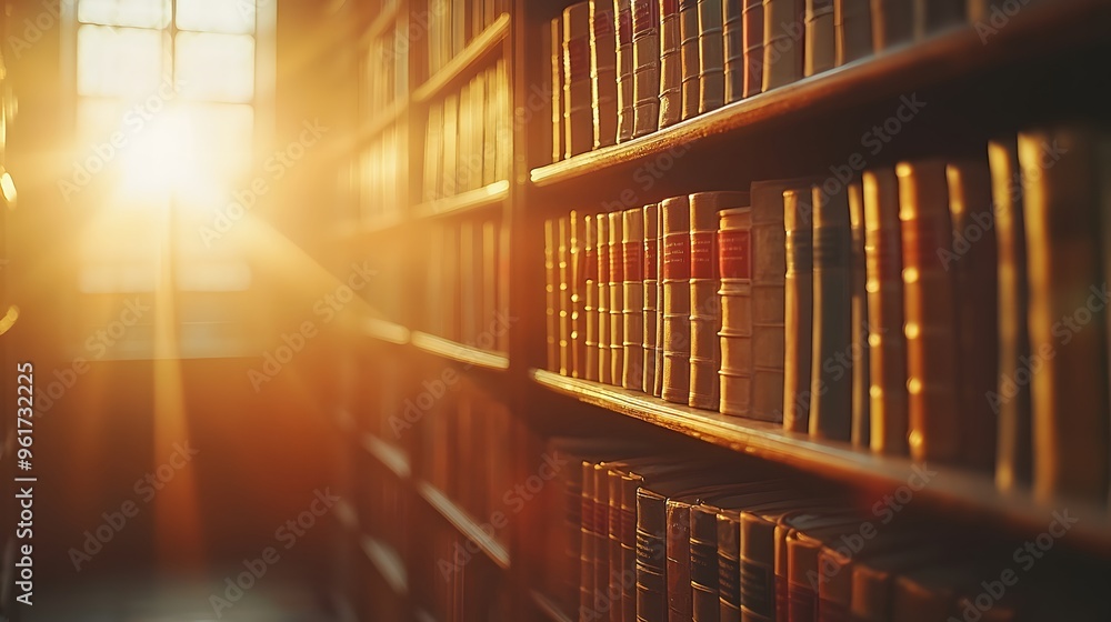 Poster sunlight through bookshelf in library