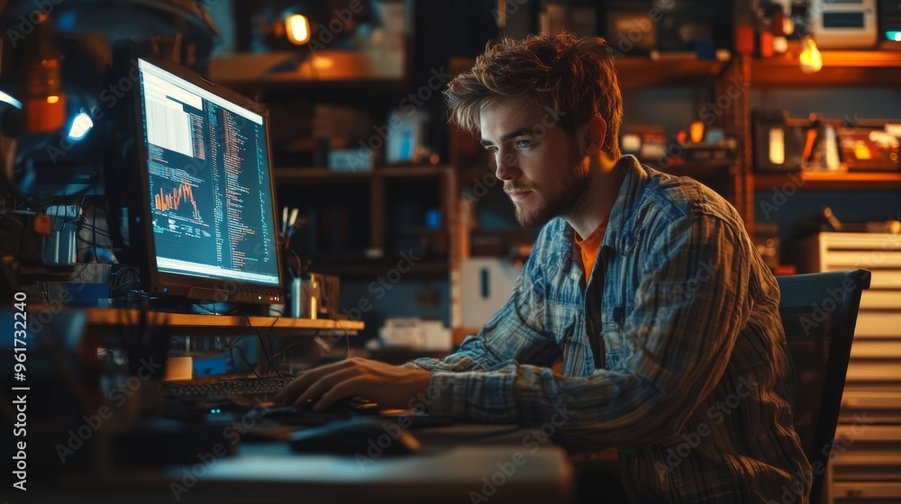 Sticker Young Man Coding in Home Office