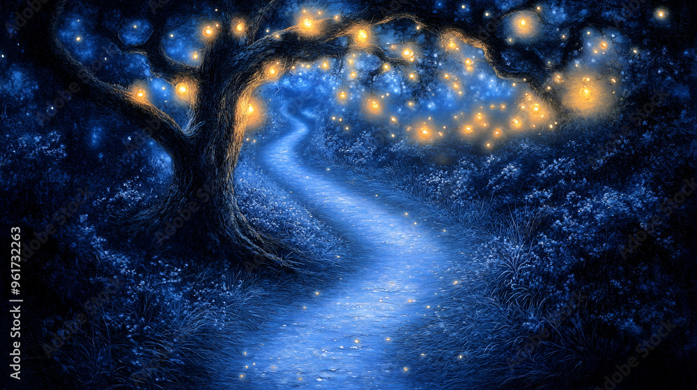 Poster a winding path illuminated by glowing orbs beneath a tree at night in a tranquil forest setting