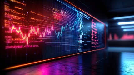 Fototapeta premium Modern Office Space with 3D Stock Graph Projection and Business Sketches, Softly Lit with Copy Space