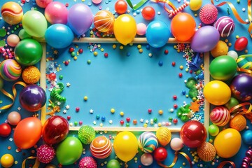 Colorful frame of party balloons and decorations on vibrant blue background