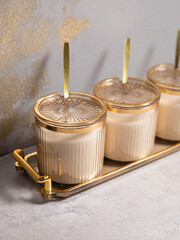 glass jars for storing sugar and spices in the home interior