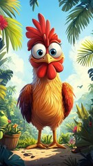 Cartoon art style, a chicken with exaggerated features and a playful expression, rendered in bold, bright colors and set in a fun, animated scene.