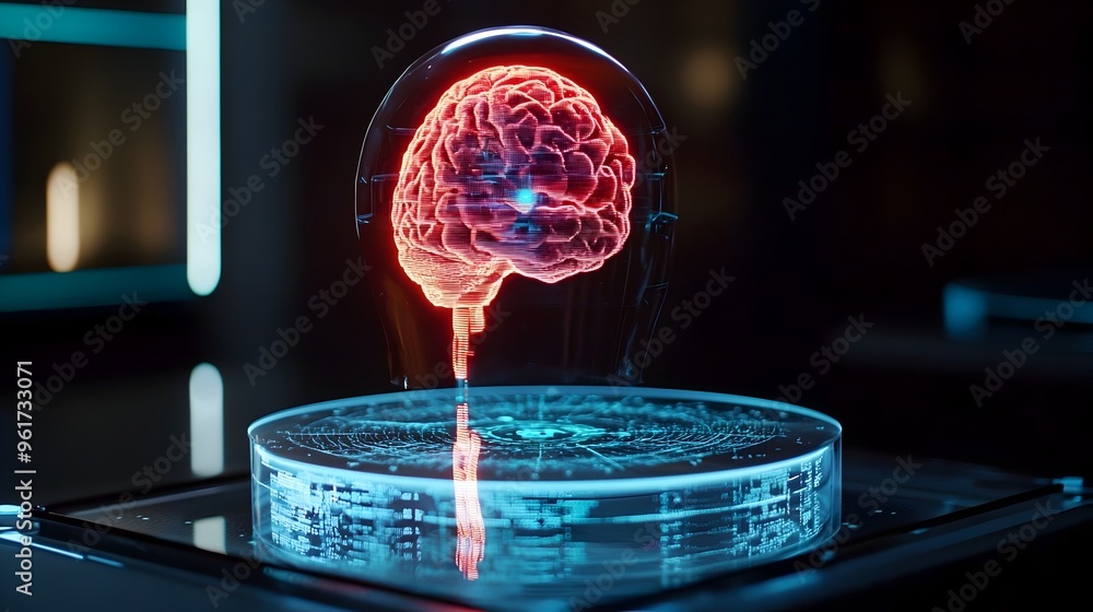 Poster hologram projection showcasing the cutting edge applications of brain computer interfaces in neurolo