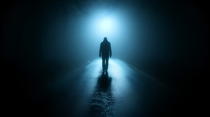 A solitary figure walks down an empty road under a mystical blue light in a foggy night setting