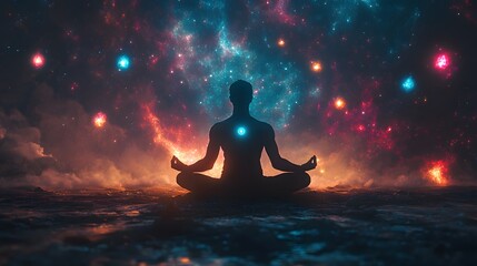 Silhouette of a Man Meditating in Front of a Starry Night Sky