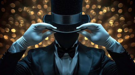 A man in a tuxedo with white gloves on and a black velvet top hat tipped in front of his head as if hiding his face. Generative AI.