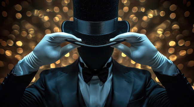 A man in a tuxedo with white gloves on and a black velvet top hat tipped in front of his head as if hiding his face. Generative AI.