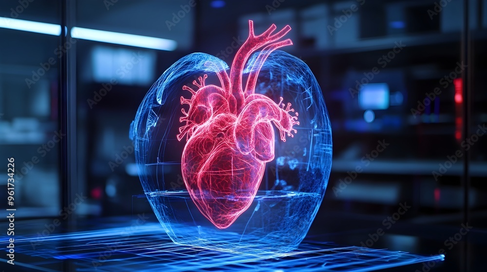 Poster holographic virtual model displaying comprehensive 3d visualization of heart failure treatment techn