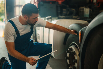 A experienced mechanic in blue overalls kneels beside a large truck, inspecting the tire while holding a tablet.