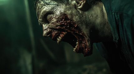 A man with a bloody face is screaming in a horror movie