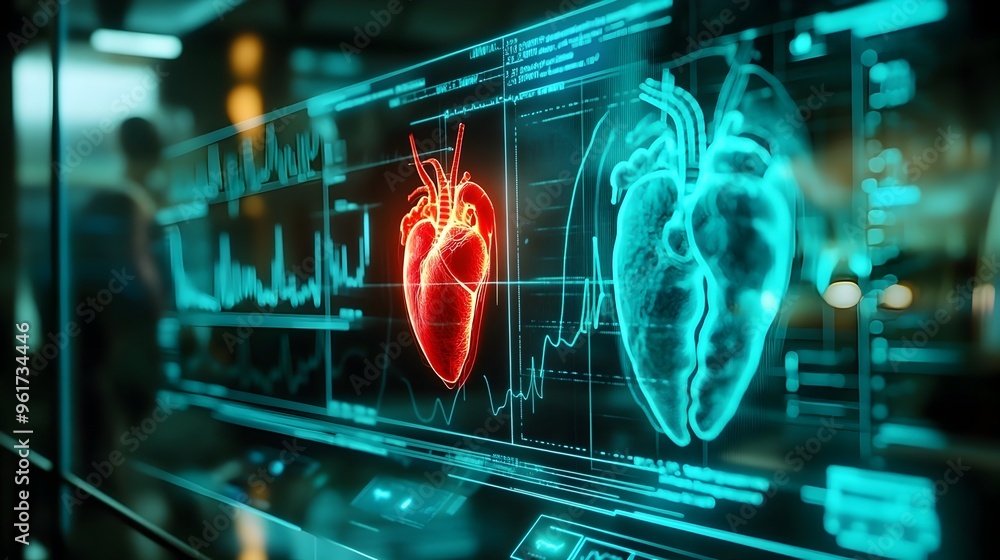 Poster holographic simulation showcasing the advanced techniques and technologies used in heart rhythm mana