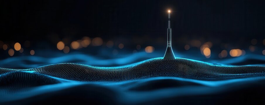 5G signal tower, futuristic design, glowing blue waves, 3D illustration