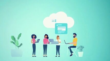 Multicultural team using cloud-based software, flat design, side view, tech startup theme, animation, vivid 