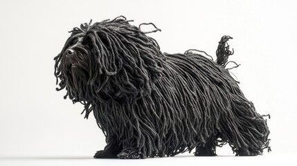 A fluffy black dog with long, dreadlock-like fur stands against a plain background.