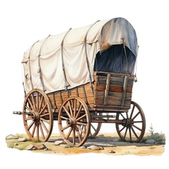 A vintage wooden wagon with a white canvas cover, perfect for historical or rustic-themed settings in artwork.