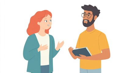 Flat Design Illustration of Colleagues in a Work Discussion on Clean White Background