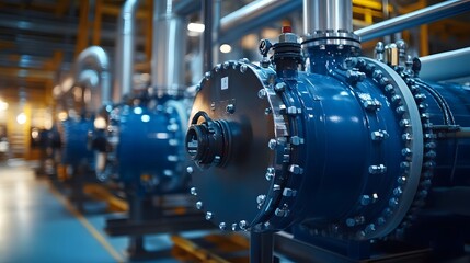 Fototapeta premium Boiler Feedwater System A boiler room with water treatment equipment, including tanks, pumps, and piping systems that prepare water for steam generation. Steam valves are seen in the background. 