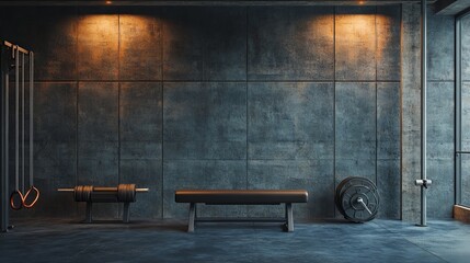The high-definition dark concrete gym wall background creates a strong industrial atmosphere. Suitable for fitness related designs, featuring rough textures and minimalist style in fitness scenes.