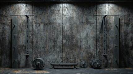 The high-definition dark concrete gym wall background creates a strong industrial atmosphere. Suitable for fitness related designs, featuring rough textures and minimalist style in fitness scenes.
