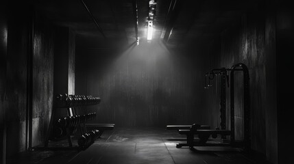 The high-definition dark concrete gym wall background creates a strong industrial atmosphere. Suitable for fitness related designs, featuring rough textures and minimalist style in fitness scenes.