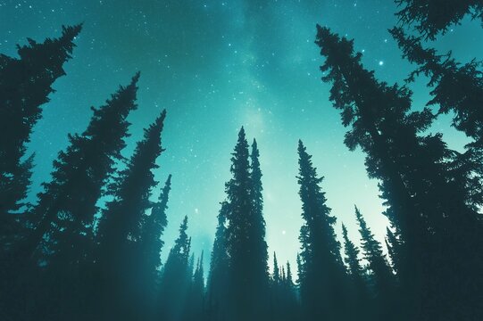 Looking up at tall pine trees silhouetted against a clear night sky filled with stars, creating a serene, otherworldly scene.