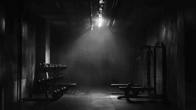 The high-definition dark concrete gym wall background creates a strong industrial atmosphere. Suitable for fitness related designs, featuring rough textures and minimalist style in fitness scenes.