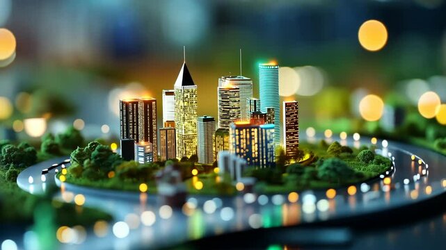 Miniature cityscape with glowing skyscrapers and bokeh lights, urban planning concept. Tilt-shift effect on futuristic metropolis architecture. Smart city visualization or real estate development