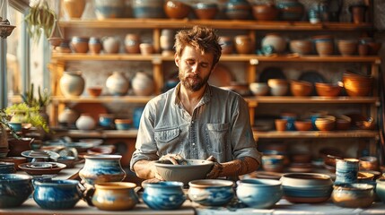 A sunlit pottery studio with an artisan shaping a delicate, ornate ceramic basin on a pottery wheel. Include shelves with various colorful, glazed ceramic creations in the background. Generative AI.