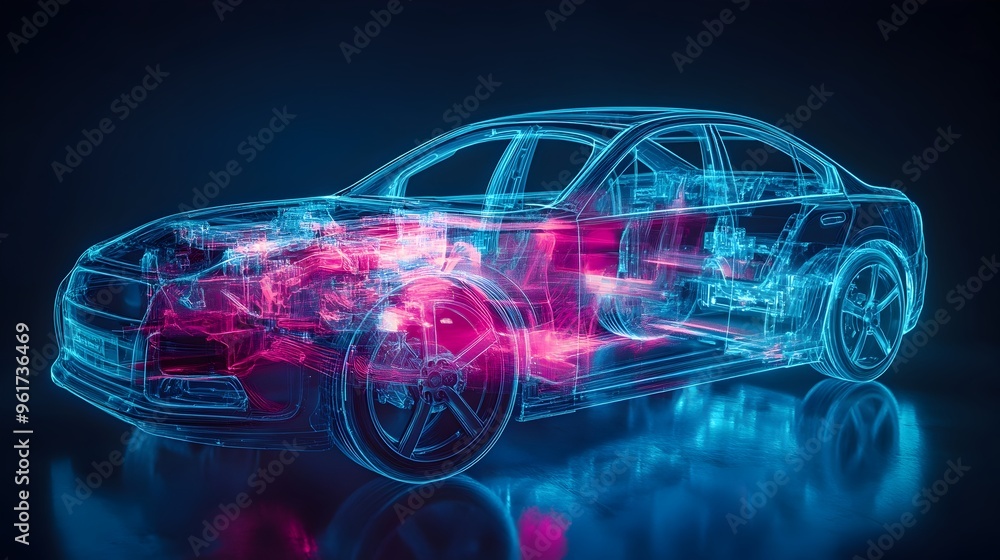 Poster holographic display showcasing the internal layout and safety mechanisms of a vehicle including airb
