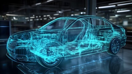 Fototapeta premium Holographic visualization showcasing the internal layout and safety mechanisms of a car including airbags crumple zones and other protective features